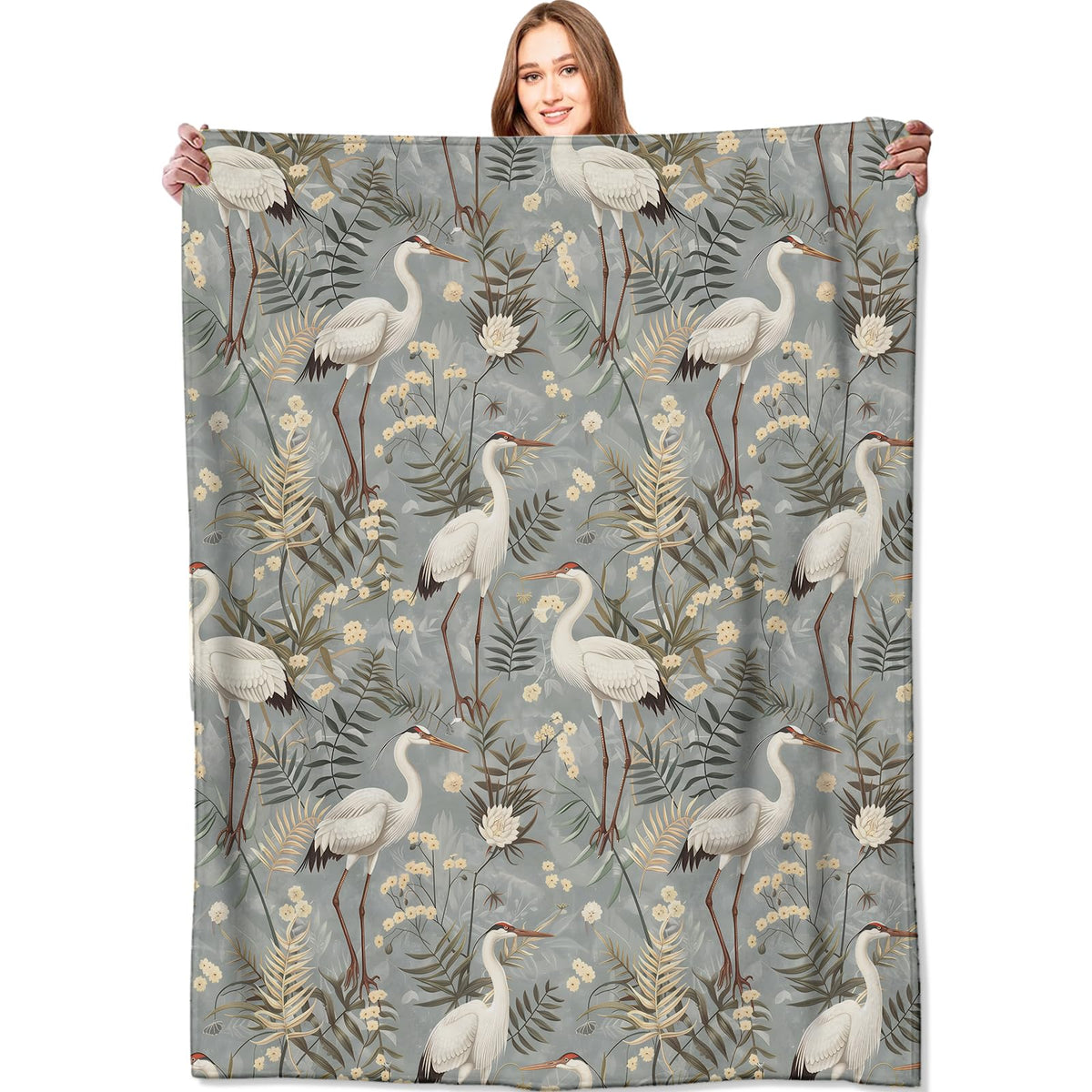 White Crane Blanket Cute Bird and Foliage Throw Blankets (60x80in / Crane)