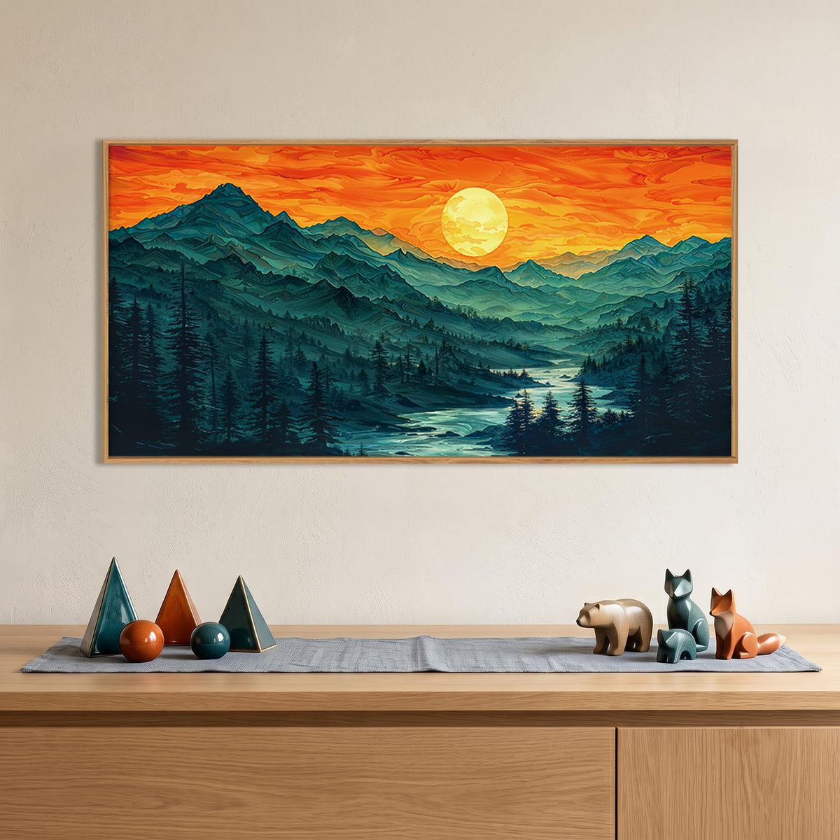 Boho Mountain Sunset Landscape Framed Canvas Wall Art (Woodland Wall Art / 40"L x 20"W)