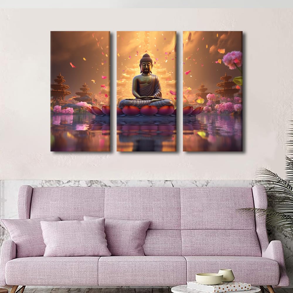 Living Room Canvas Wall Art Modern 3 Panel Canvas Decor Buddha Statue Lotuses in the Water Picture Printing Buddhist Believers Bedroom Wall Decor Stretched and Framed Ready to Hang 42x28 in (42x28 in / 3PANEL-08)