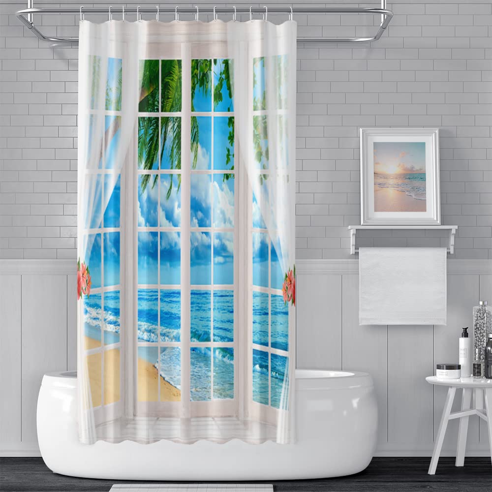 72x84inch Tropical Natural Scenery Shower Curtain White Seaside Scenery Outside Window Frame Pattern Bathtubs Decor Summer Beach Palm Tree Bathroom Curtain with Hooks Waterproof Polyester (72"W x 84"L (Pack of 1) / Blue01)