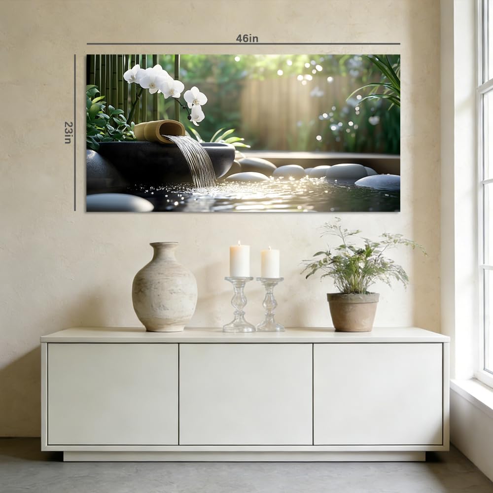 Zen Garden Canvas Wall Art Bamboo Water Fountain White Orchid Painting Flat Print Gallery Wrapped Relaxing Artwork for Living Room Bedroom Bathroom Decor (Mysterious / Black Orchid Waterfall 31 / 46"L x 23"W)