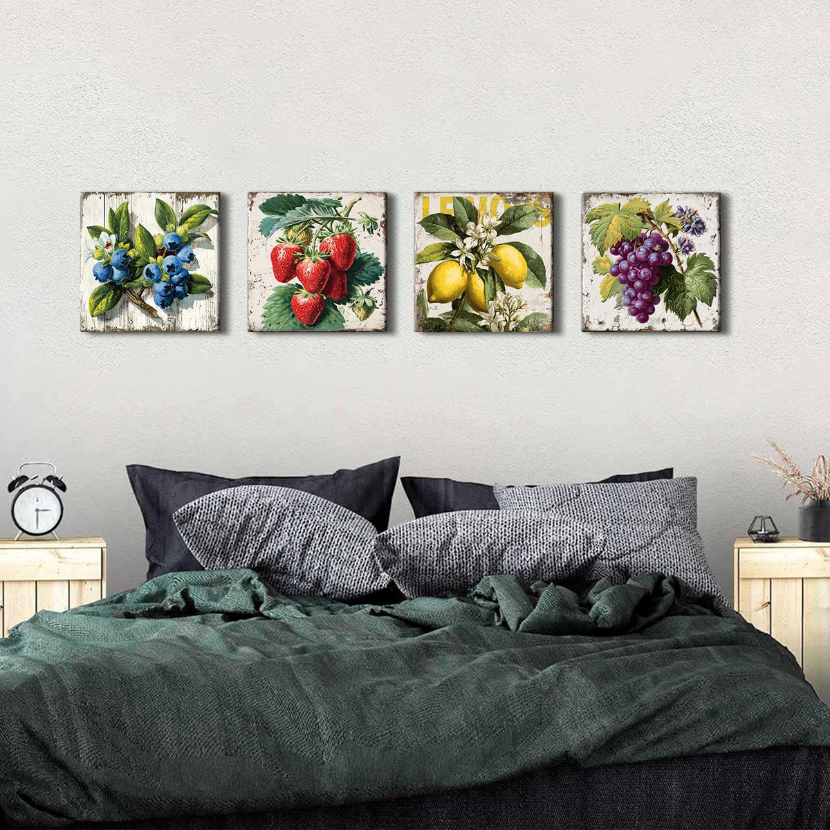 Vintage Fruit Wall Art for Kitchen Wall Decor Farmhouse Dining Room Pictures Rustic Lemon Strawberry Canvas Paintings Colorful Fruits Theme Prints Blueberry Grape Poster Artwork Decorations 12x12” 4P (12"L x 12"W / Fruit02)