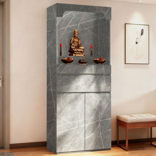 Altar Table Pooja Cabinet with Drawers and Storage Cabinets (43.3×15.7×65.4in / Dark Gray Grain)