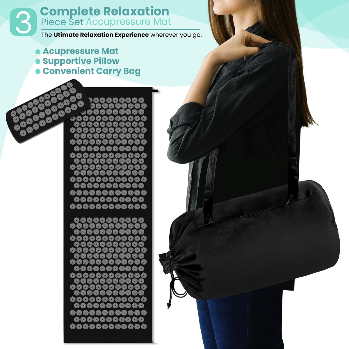 Sivan Acupressure Mat & Pillow Set for Back & Neck (Black/Black / XL)