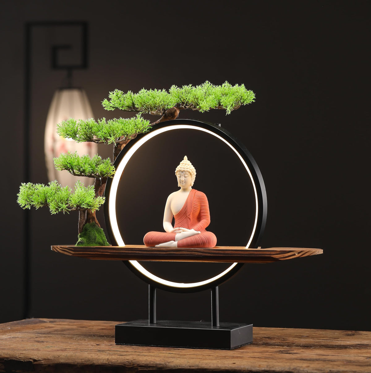 Red Buddha Statue with Green Artificial Tree and LED Circle Table Lamp (Red)