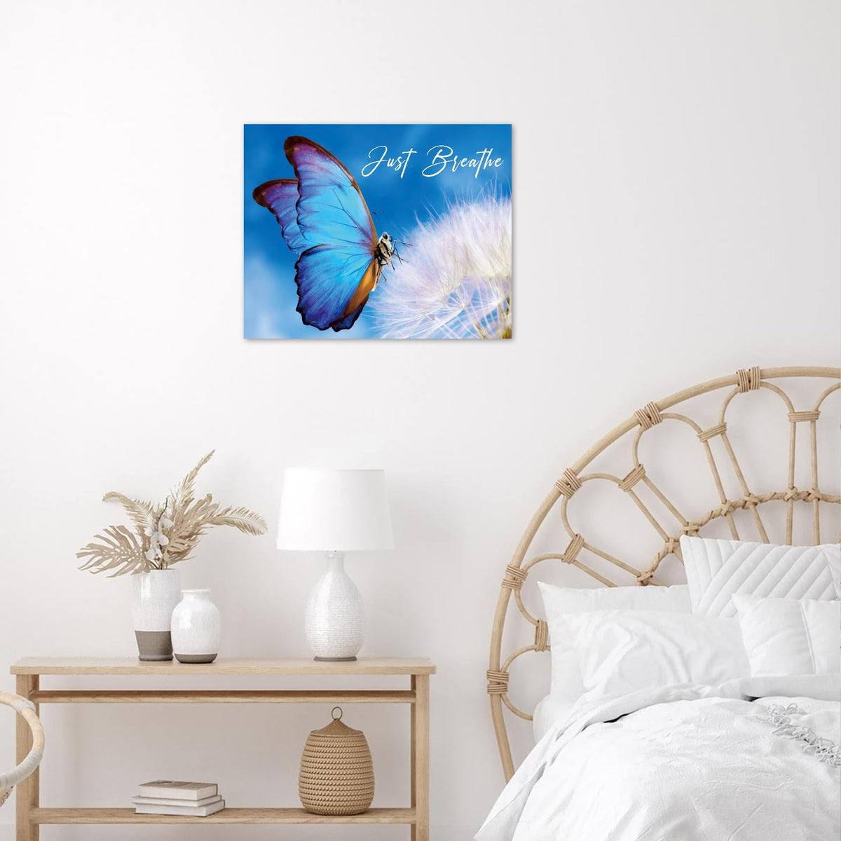 Blue Butterfly Dandelion Wall Art Fantasy Butterfly Floral Canvas Wall Art for Bathroom Just Breathe Zen Spa Yoga Wall Decor for Bedroom Living Room Home Office Ready to Hang 16L x 20W Inch (Blue / 16"L x 20"W)