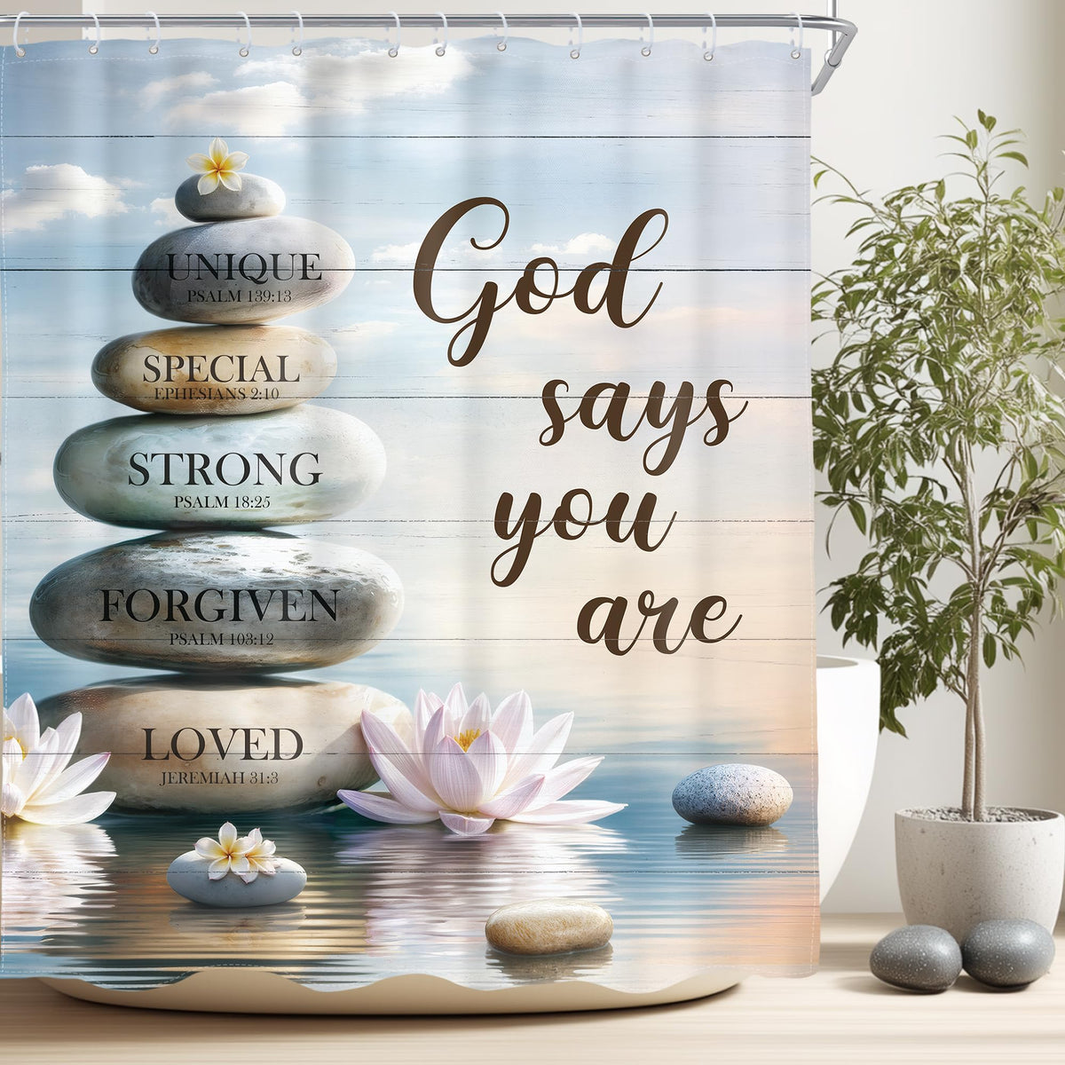 Zen Stone Bible Verse Shower Curtain Motivational Quotes 60Wx72L Inch (D-blue / 60"W x 72"L (Pack of 1))