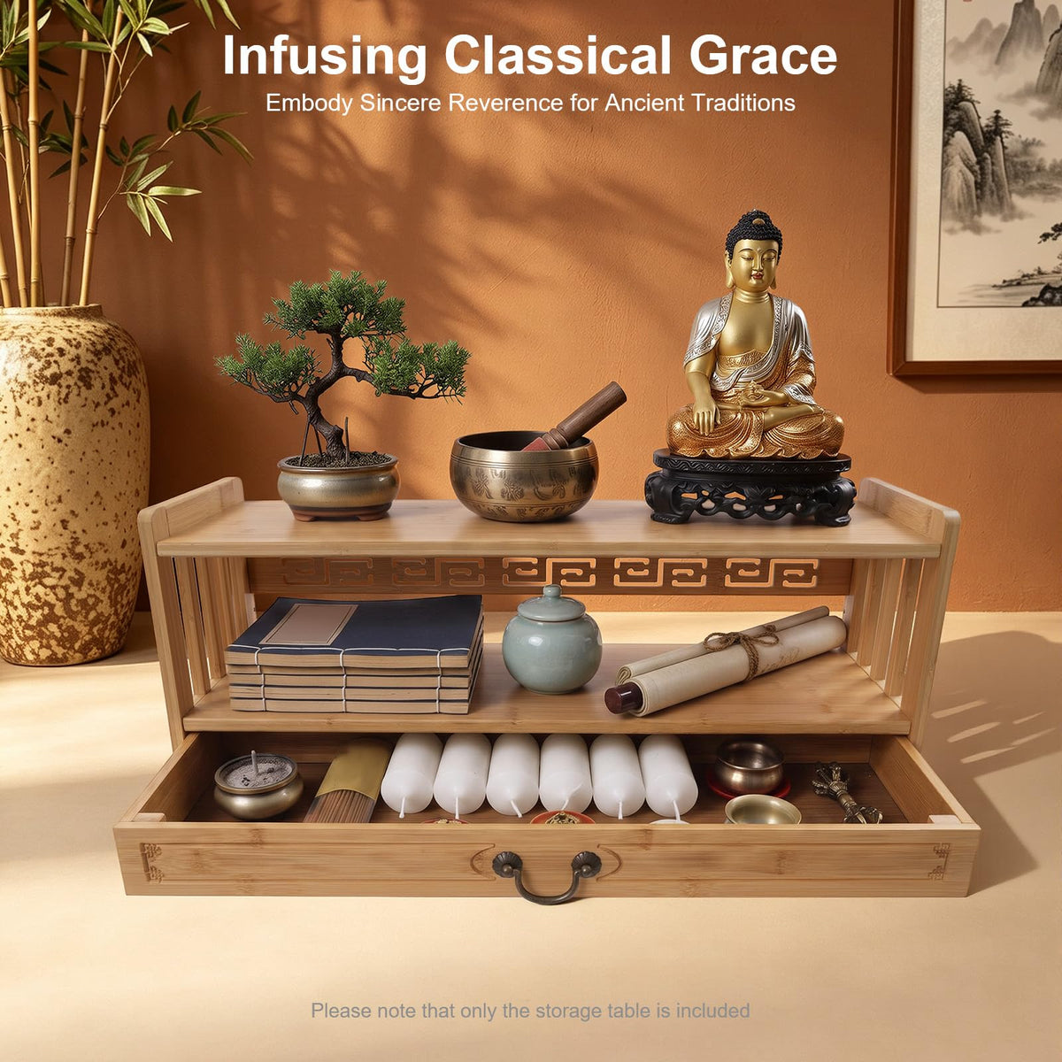 Low 3 Tier Meditation Table with Drawer (Wood Color / 27.2”W)