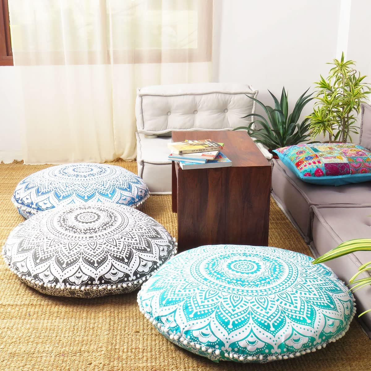 Mandala Floor Pillow Cover Meditation Cushion Seating Throw Hippie Round Colorful Decorative Bohemian Indian Pouf Ottoman Handmade Cover ONLY (32" x 32" (Pack of 1) / Ombre Green Round)
