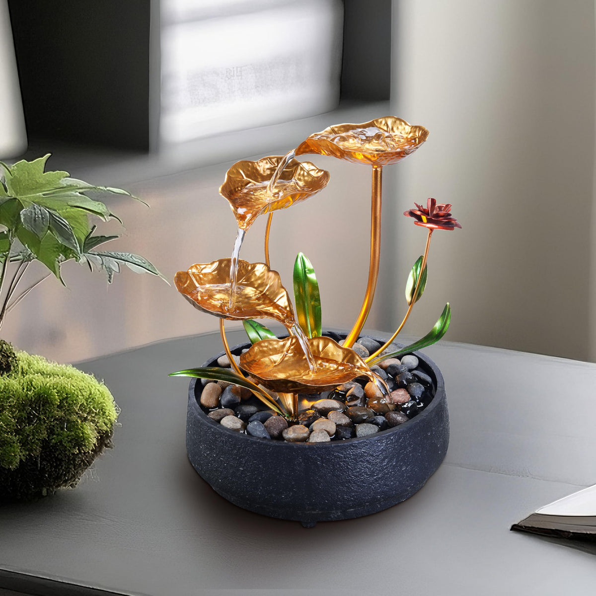 Tabletop Water Fountain Metal Lotus Circulating Fountain (Antique Gold)