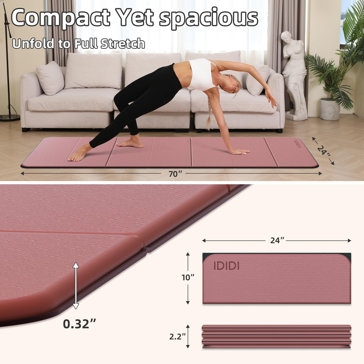 Foldable Yoga Mat Thick 0.32" (Deep Pink)