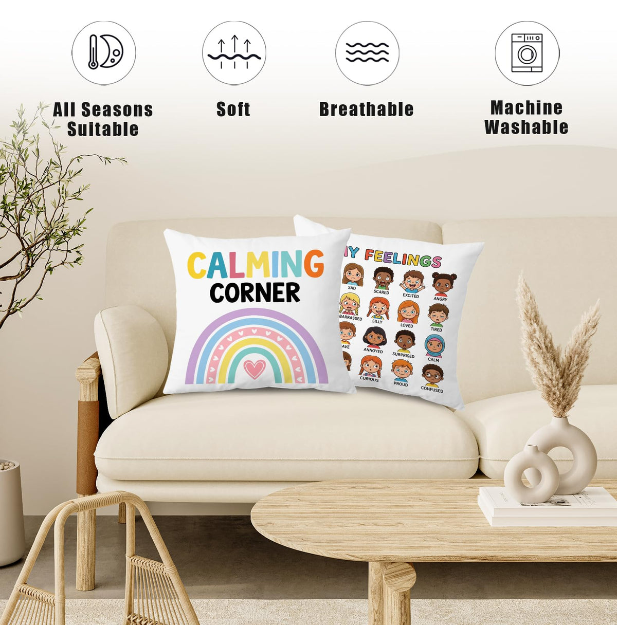 Boho Mental Health Classroom Calming Corner Throw Pillow Covers 18x18 Set of 2 (Qt-bz-mental Health-boho Mental Health)