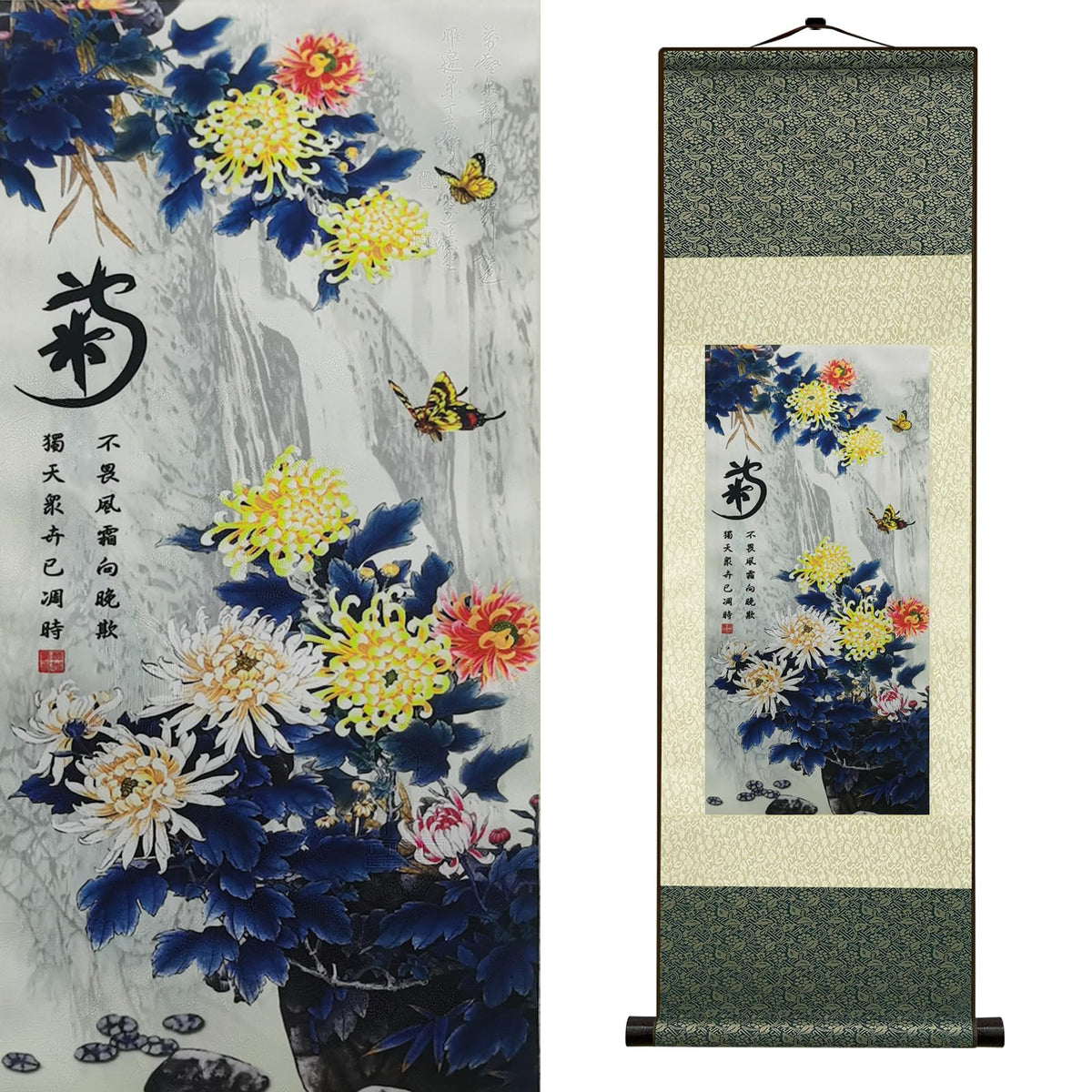 Bedroom Wall Art Chrysanthemum Silk Scroll Art Traditional Chinese Four Gentlemen Autumn Wall Decor Premium Silk for Home Living Room Bedroom Lounge Office Hotel Lobby 36x12 In (HJ-N004)