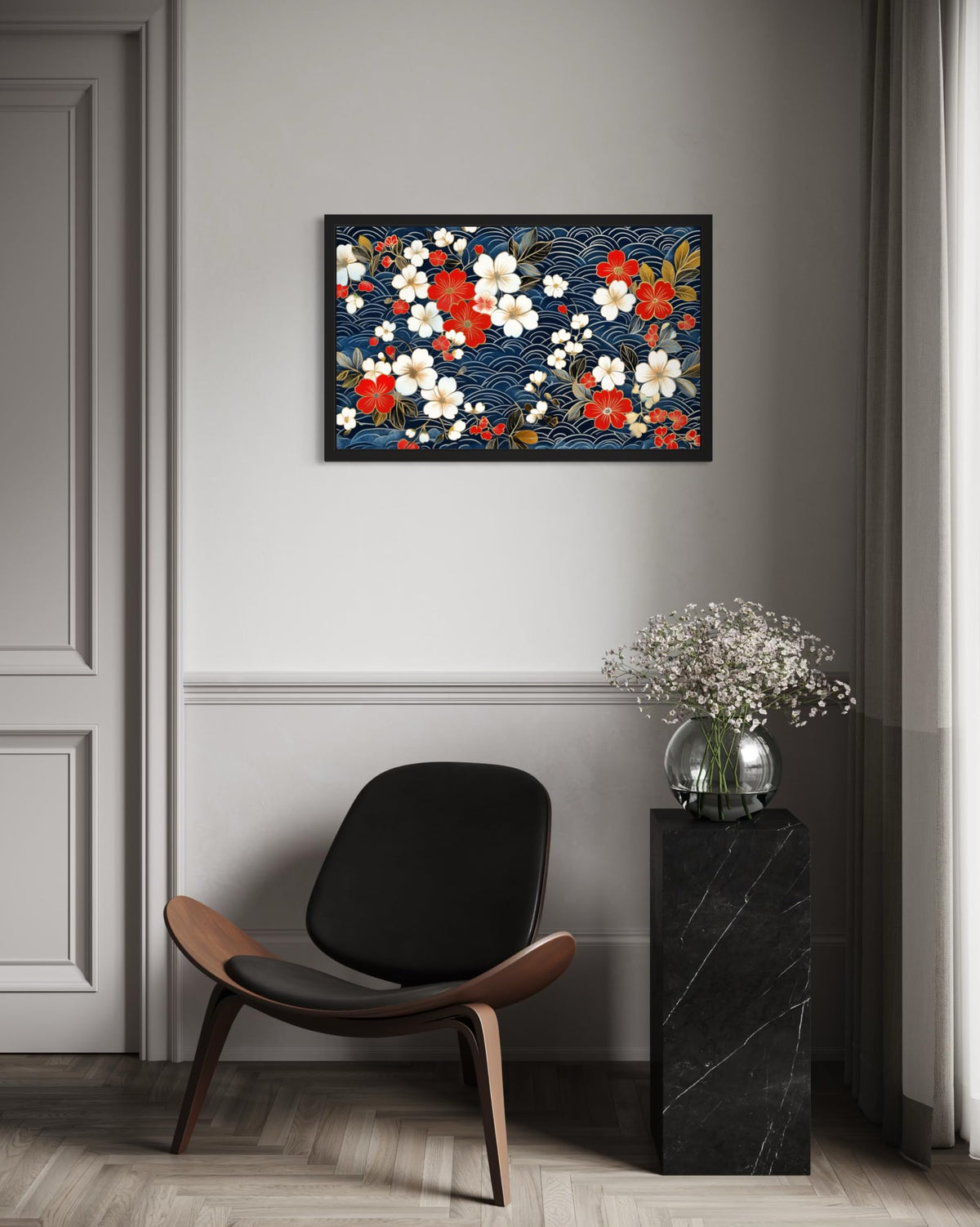 Japanese Flower Pattern UnFramed Wall Art Print Poster (Japanese Flower Pattern / 20"L x 16"W)
