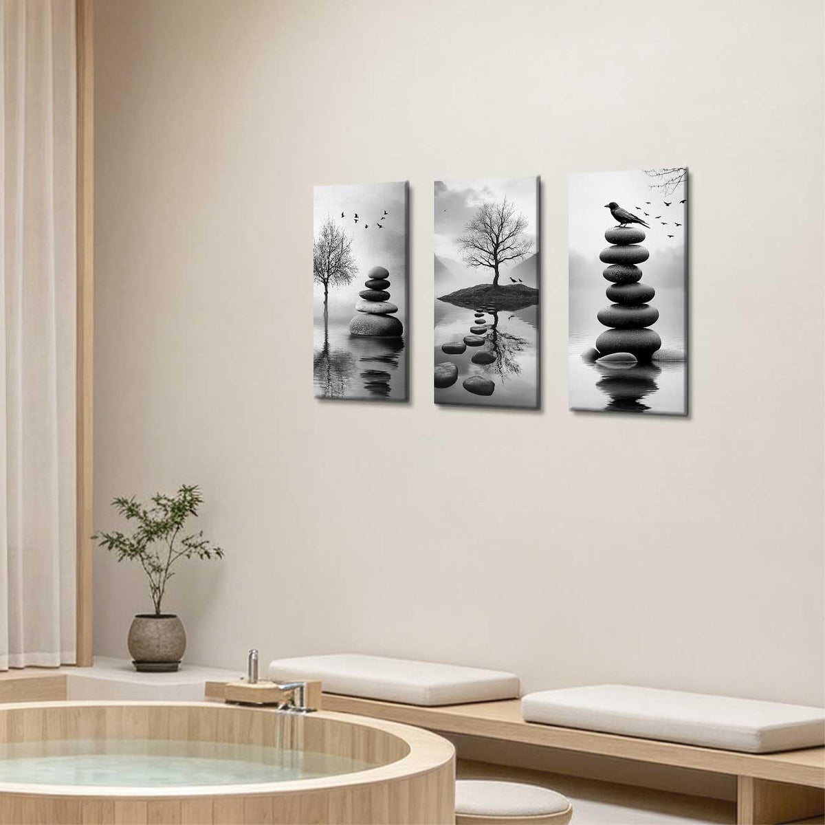 Set of 3 Black White Zen Bathroom Canvas Wall Art Prints Zen Stones in the Water Pictures White Lotus Poster Yoga Meditation Artwork Spa Room Decor (Gray / 32x16inx3 Pieces)