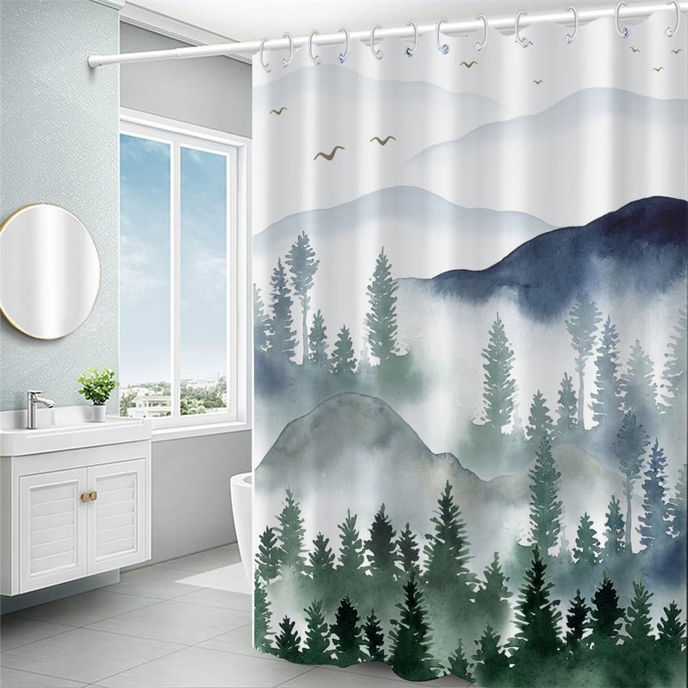 Green Forest Shower Curtain Mountain Birds Misty Pine Forest Scenery Shower Curtain Waterproof Fabric for Bathroom Decor (72"W x 78"L (Pack of 1) / Green06)