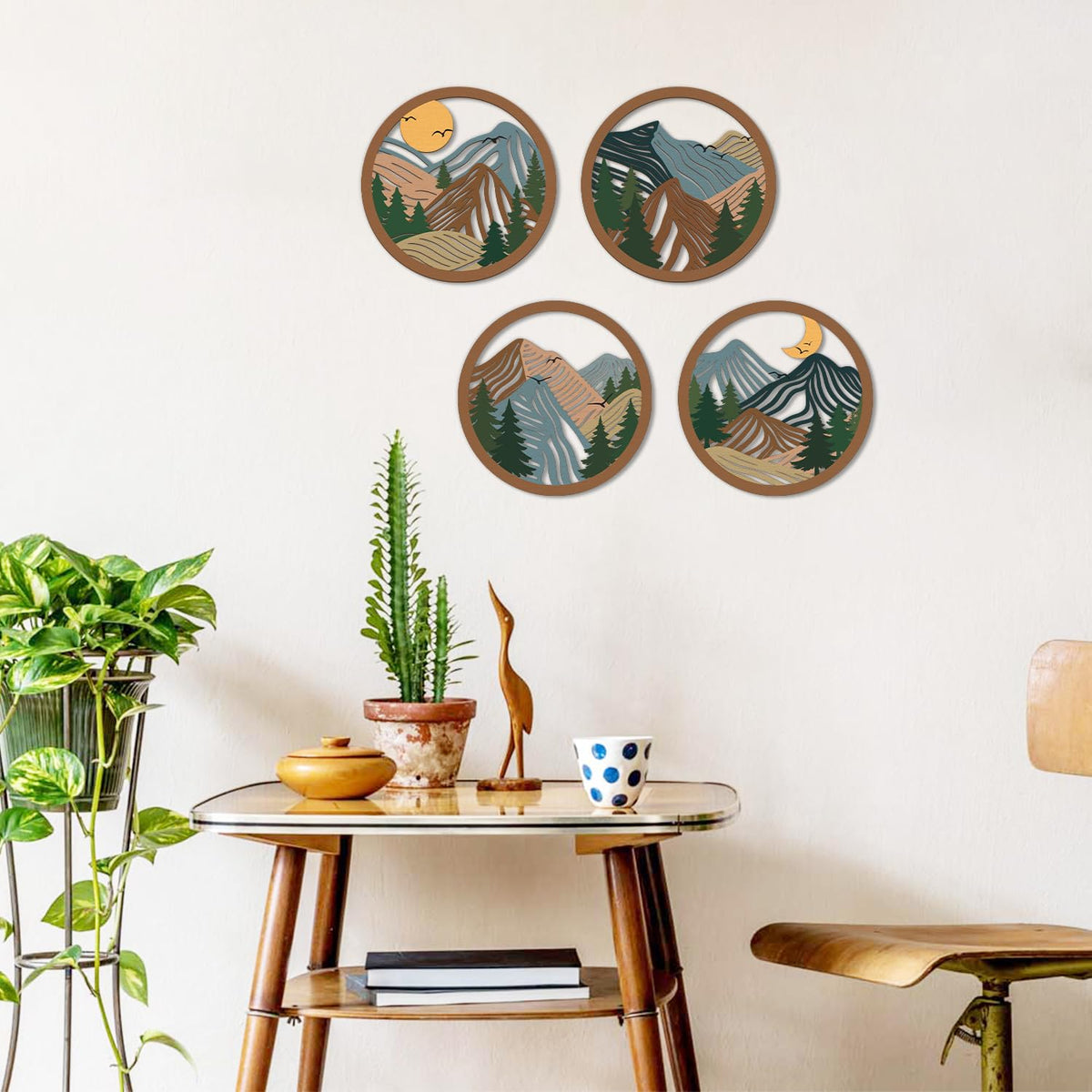 Boho Mountain Wooden Wall Art Abstract Mountain Landscape Wall Decor (4pcs Mountain Landscape Wooden Wall Art)