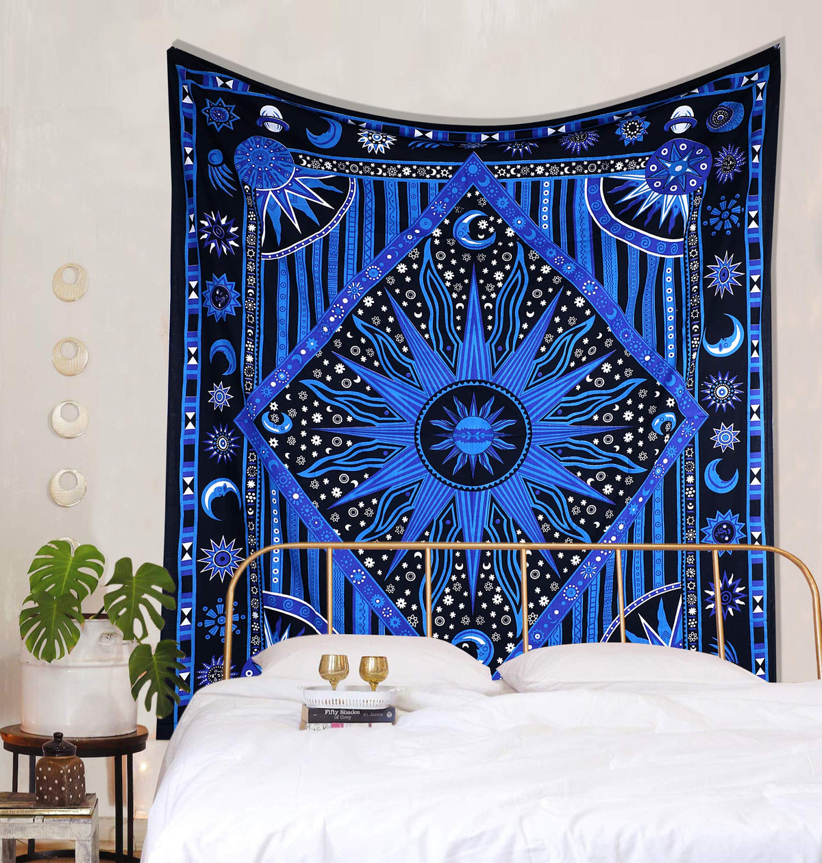 Blue Mandala Sun and Moon Tapestry (Multi-color / 83"L x 55"W)