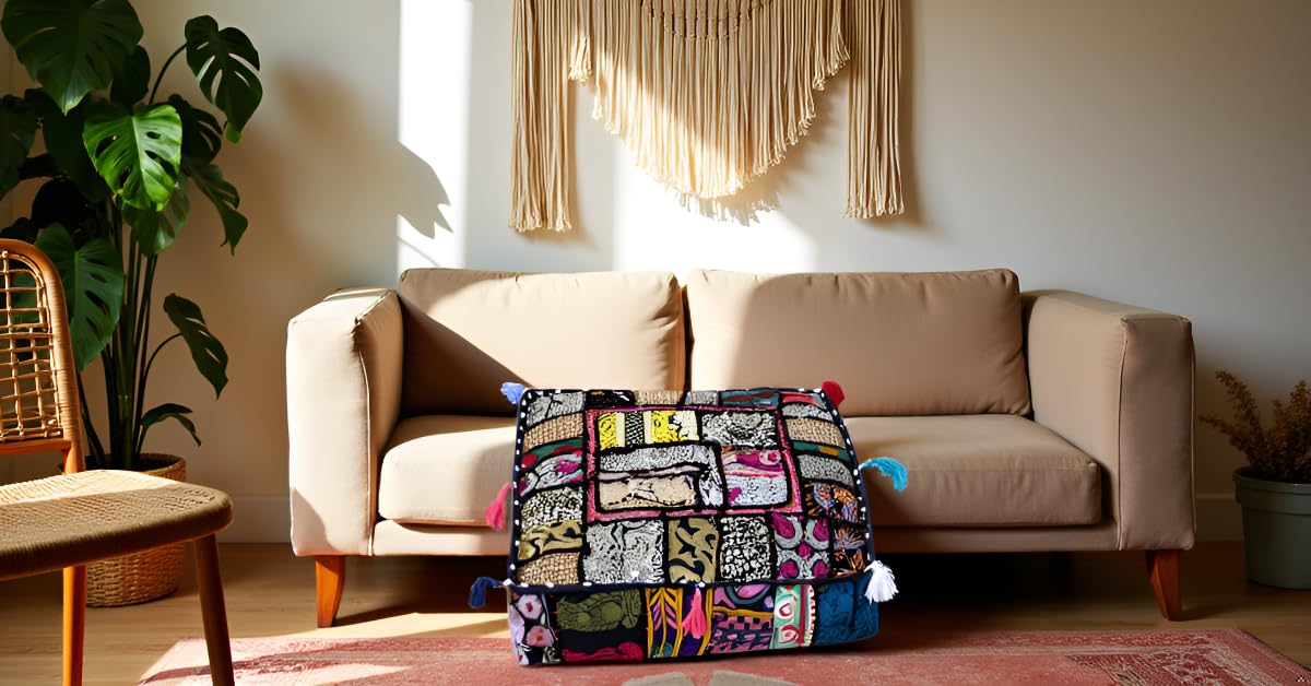 Indian Square Patchwork Traditional Pouf Cover Indian Living Room Poufs Decorative Embroidered Designer Ottoman Home Living Footstool Chair Cover Decor Pillow Cover 16x16x5 inches (16"D x 16"W x 5"H / Black)