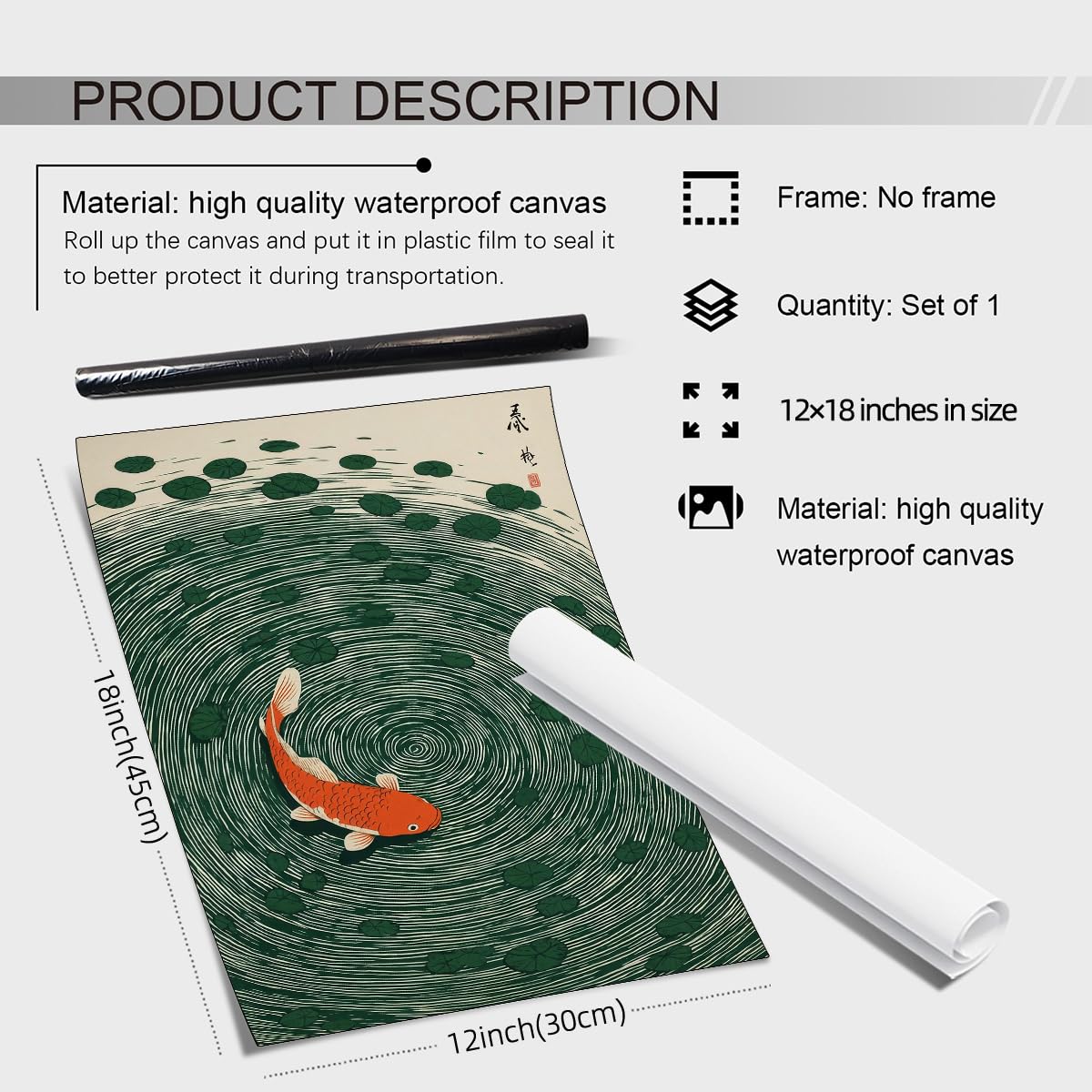 Japanese Koi Fish Poster Oriental Asian Lucky Carp Canvas Wall Art Vintage Japan Room Aesthetic Prints Minimal Green Painting for Zen Water Living Room Office Wall Decor 12x18in Unframed (Unframed / Japanese Koi Fish / 18"L x 12"W)