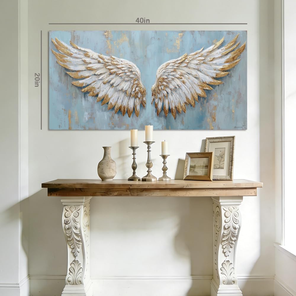 Angel Wings Canvas Wall Art Faux Gold Foil Light Blue Painting Flat Print Gallery Wrapped Spiritual Artwork for Living Room Bedroom Bathroom Decor (Retro / Angel Wings 32 / 40"L x 20"W)