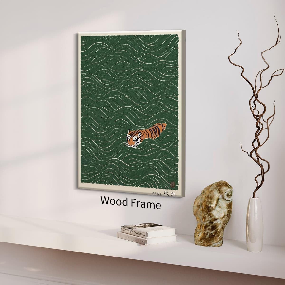 Framed Vintage Japanese Tiger Swimming Prints 11x14in Ukiyo (Wrapped Canvas / Japanese Art 004 / 14"L x 11"W)