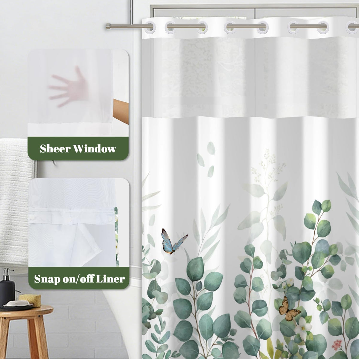 No Hook Shower Curtain and Liner Set (Botanical-6)