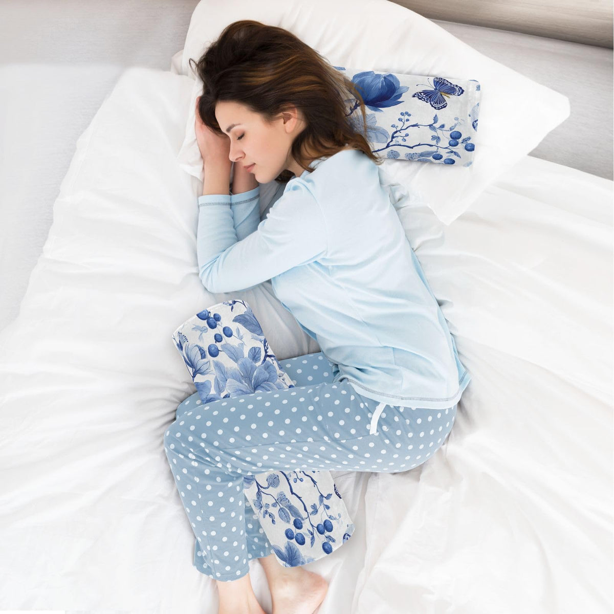 Blue White Flower Neck Roll Pillow Bolster Round Health Memory Foam Long Cervical Roll Cylinder Pillows with Removable Washable Cover for Body Bed Legs Back Yoga (Blue and White 35)