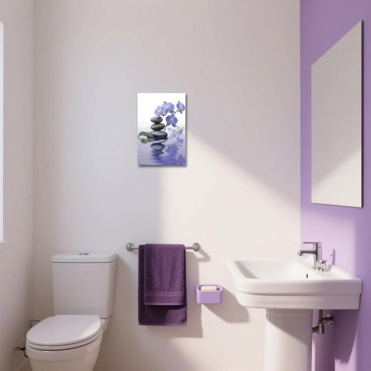 Zen Bathroom Wall Art Orchid Flower with Zen Stones Pictures Spa Painting Still Life Canvas Prints for Meditation Spiritual Room Decor Framed (Purple / 18"L x 12"W)