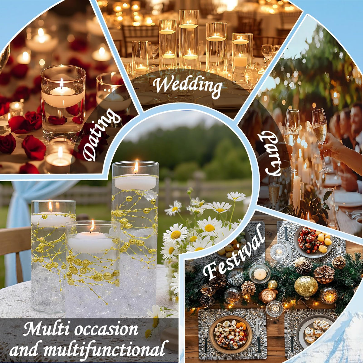 12 PCS Glass Vases for Centerpieces with 24 PCS Floating Candles for Centerpieces12 Pearl Strings and 400 Fake Ice Floating Candle Vases Glass Holder for Wedding Home Table Decorations (12 SET)