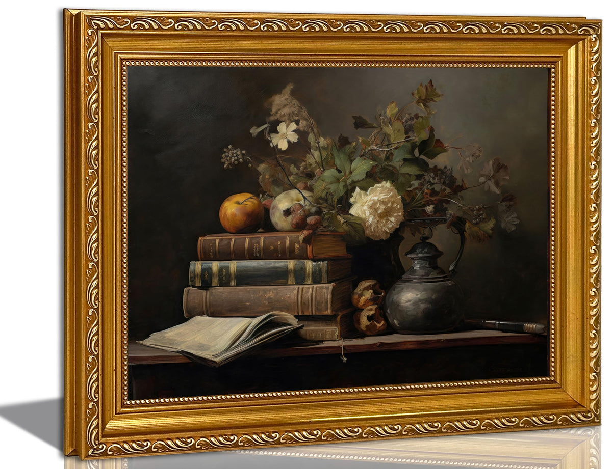 Vintage Gold Framed Wall Art Moody Victorian Books Canvas Wall Decor Dark Academia Bookish Posters Prints Wildflowers Library Painting Pictures for Gallery Library Bookstore Decoration 12x16 Inches (Moody Books Framed / 12"L x 16"W)