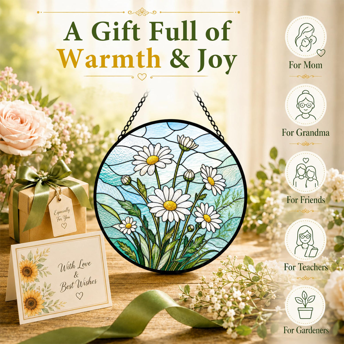Daisy Gifts for Women Suncatcher Stained Glass Window Hanging 9.8in (Daisy / 9.8 x 9.8 IN)