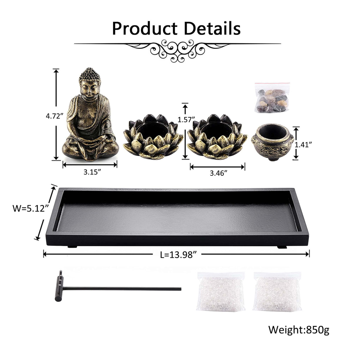 Zen Garden Set Buddha Statue 2 Lotus Tealight Candle Holders (Set 1)