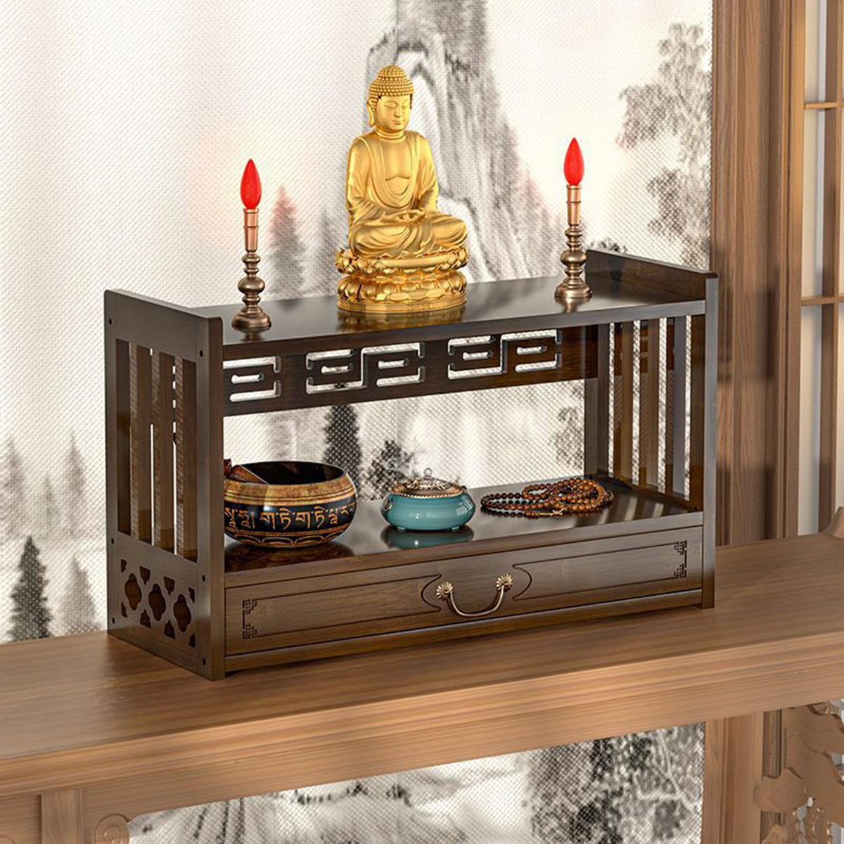 Low 3 Tier Meditation Table with Drawer (Walnut Color / 20.4”W)