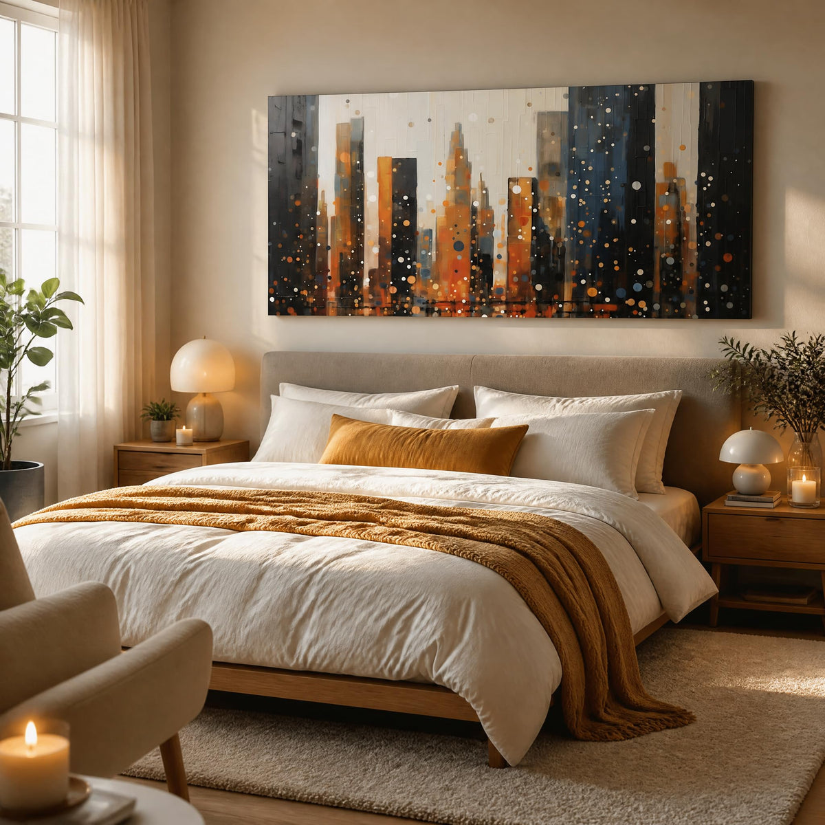 Abstract City Skyline Canvas Wall Art Modern Urban Night Landscape Painting Flat Print Gallery Wrapped Artwork for Living Room Bedroom Bathroom Decor (Abstract / Black Cityscape 34 / 40"L x 20"W)