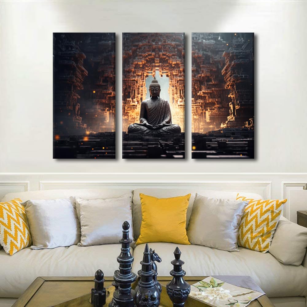 Canvas Wall Art Buddha Canvas Poster Decor Mysterious Ancient Buddha Zen Picture 3 Panel Modern Wall Art Buddhist Believers Living Room Decoration Stretched and Framed Ready to Hang 42x28 in (42x28 in / 3PANEL-10)