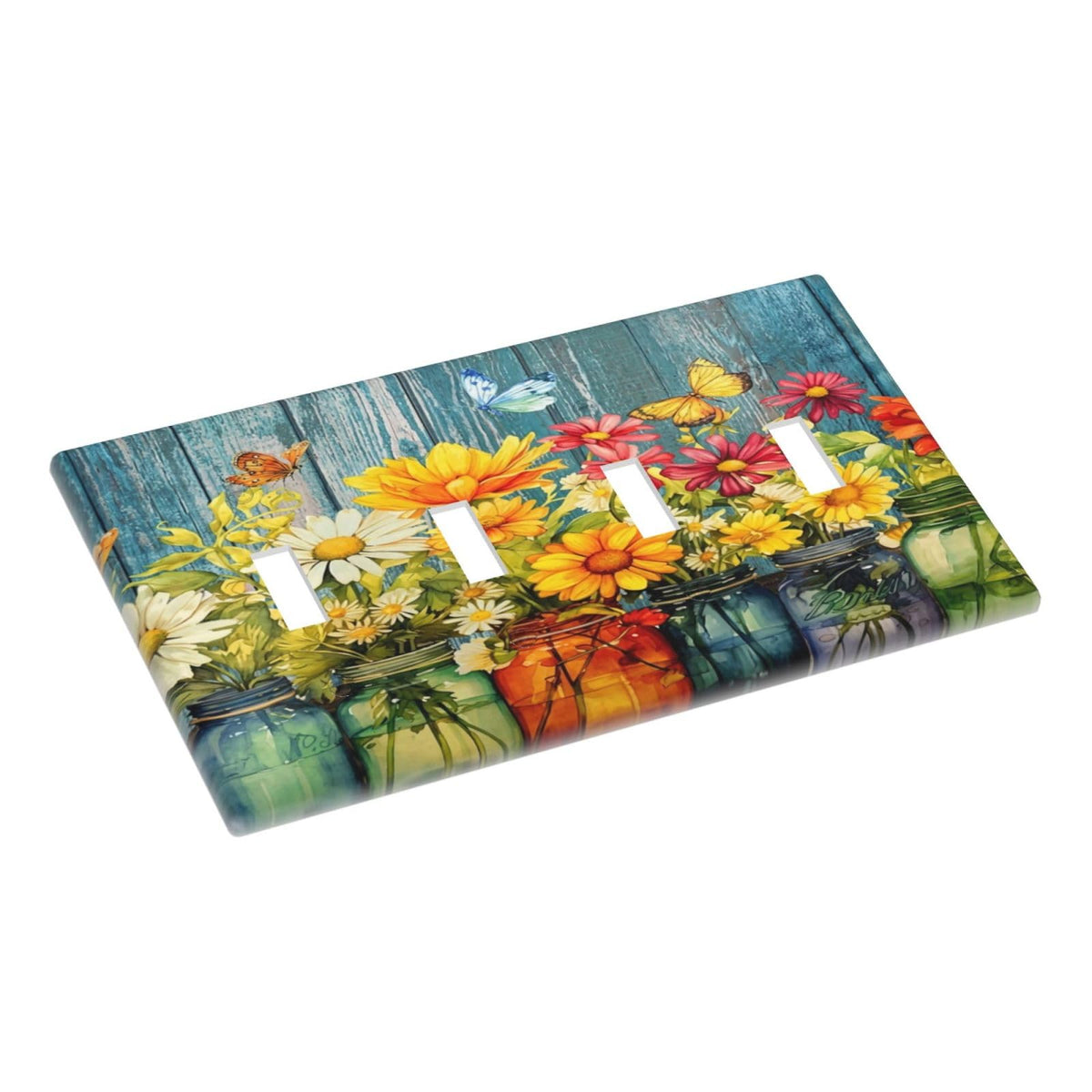 Country Rustic Daisy Flower Butterfly Decorative 4 Gang Quad Toggle Light Switch Cover Plate Decorative Electric Quadruple Device Faceplate Switchplate Screwless (Country Rustic Daisy Flower Butterfly / 4 Gang Quad Toggle)
