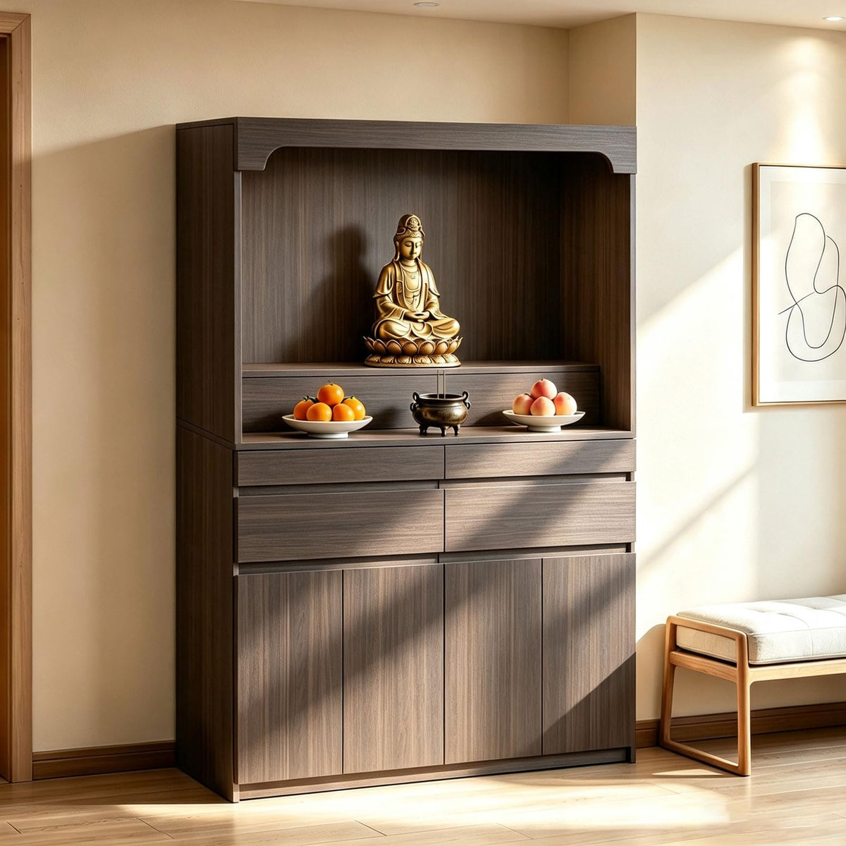 Altar Table Pooja Cabinet with Drawers and Storage Cabinets (39.4×15.7×65.4in / Light Brown Natural Wood)