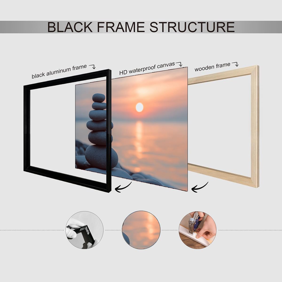 Tranquil Zen Rock Stack Wall Art (Black Aluminum Frame-3 / 16"L x 20"W)