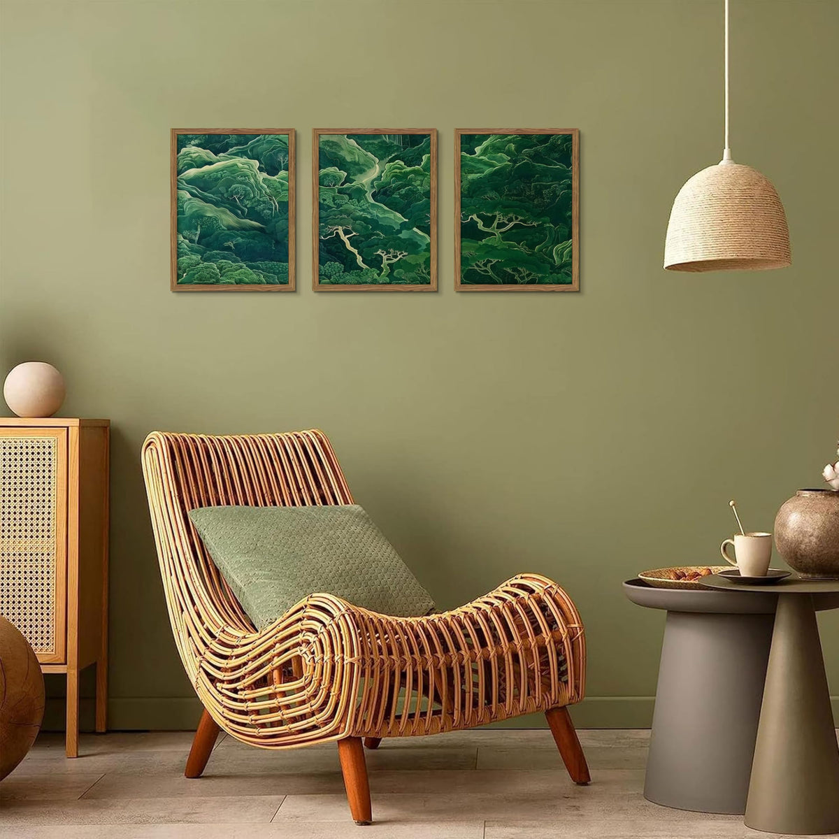 Japanese Nature Forest Wall Art Set of 3 (Green Book Mountain / 16"L x 12"W)