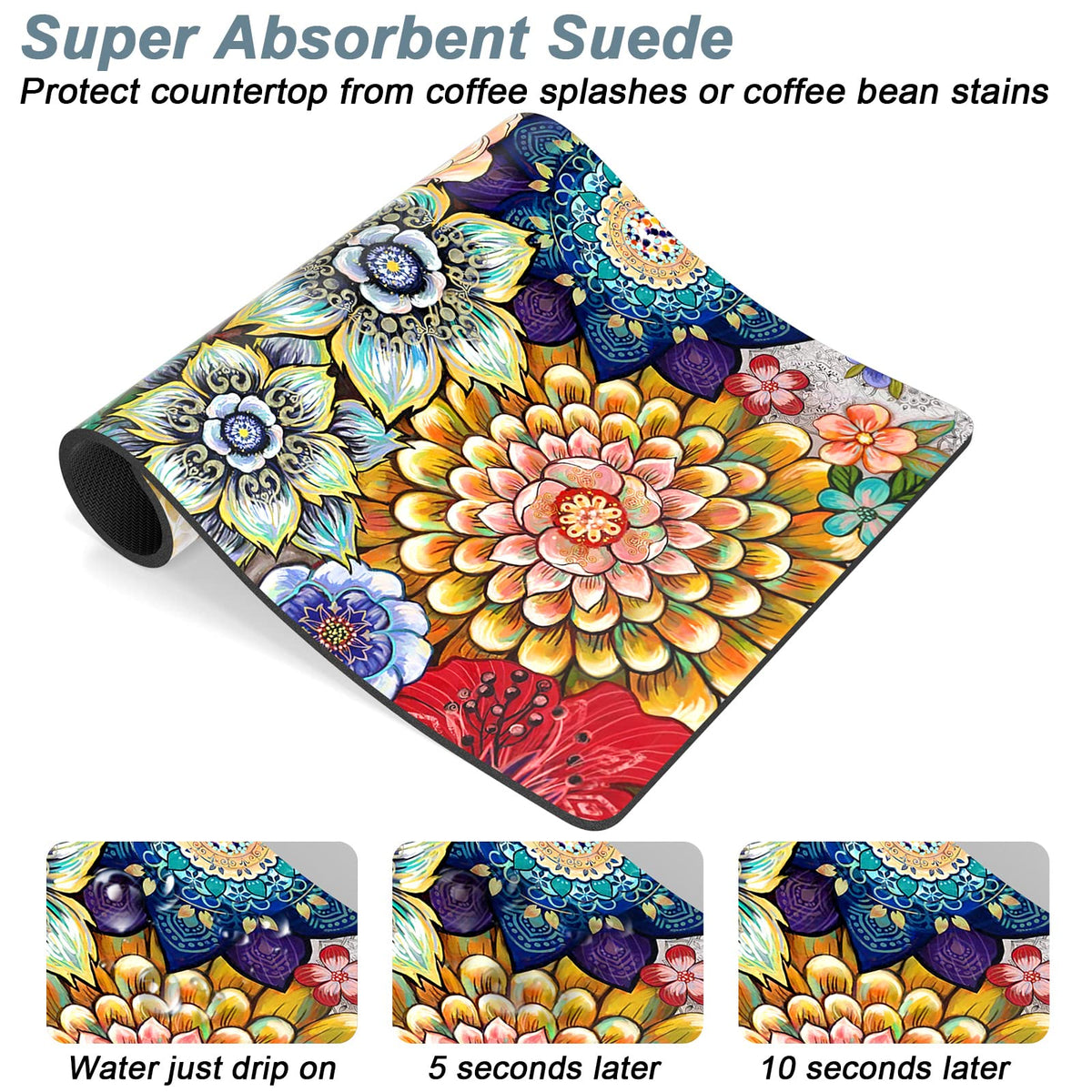Coffee Mat 12" x 19" Cute Flower Theme Coffee Bar Mats for Espresso Machine Station Accessories and Organizer (Colorful Mandala / 12" x 19")