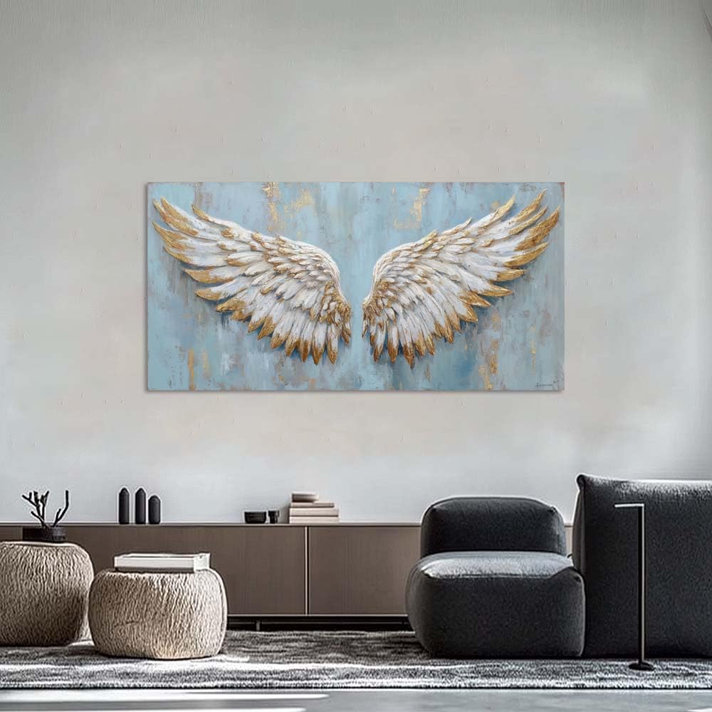 Angel Wings Canvas Wall Art Faux Gold Foil Light Blue Painting Flat Print Gallery Wrapped Spiritual Artwork for Living Room Bedroom Bathroom Decor (Retro / Angel Wings 32 / 40"L x 20"W)