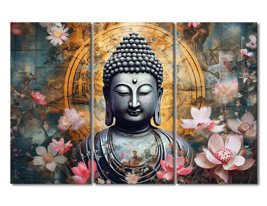 Canvas Wall Art Decor Modern 3 Panel Canvas Poster Print Art Lotus Gold Buddha Girl Painting Art for Men Lady Living Room Bedroom Wall Decoration Stretched and Framed Ready to Hang 42x28 in (42x28 in / 3PANEL-15)