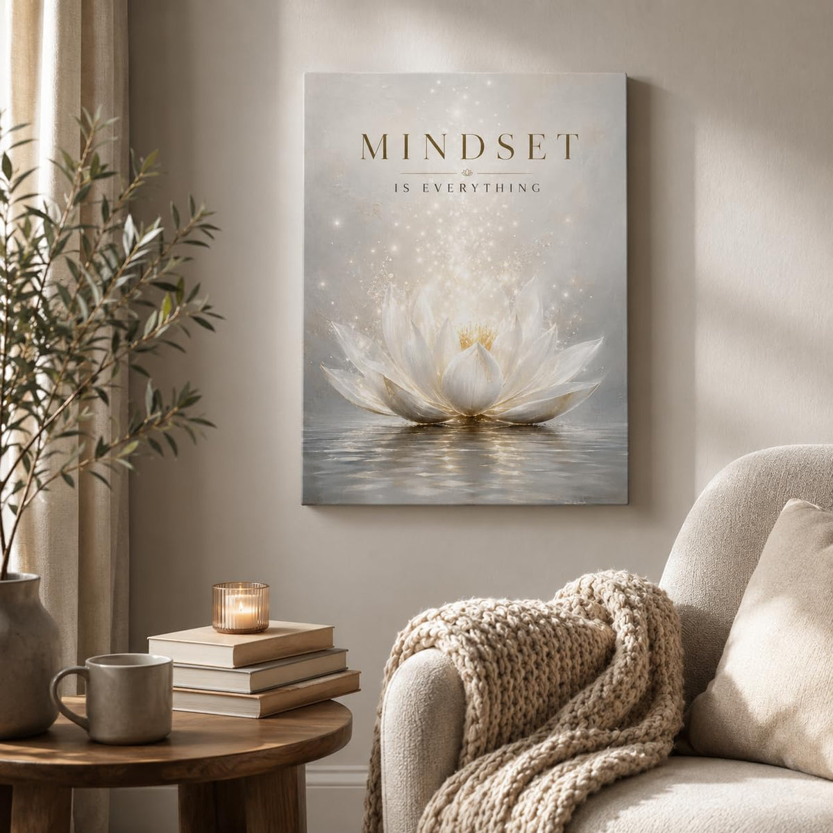 White Lotus Framed Canvas Wall Art Gold Yoga Meditation Decor 12x16 Inches (Mindset Quote / 16"L x 12"W)