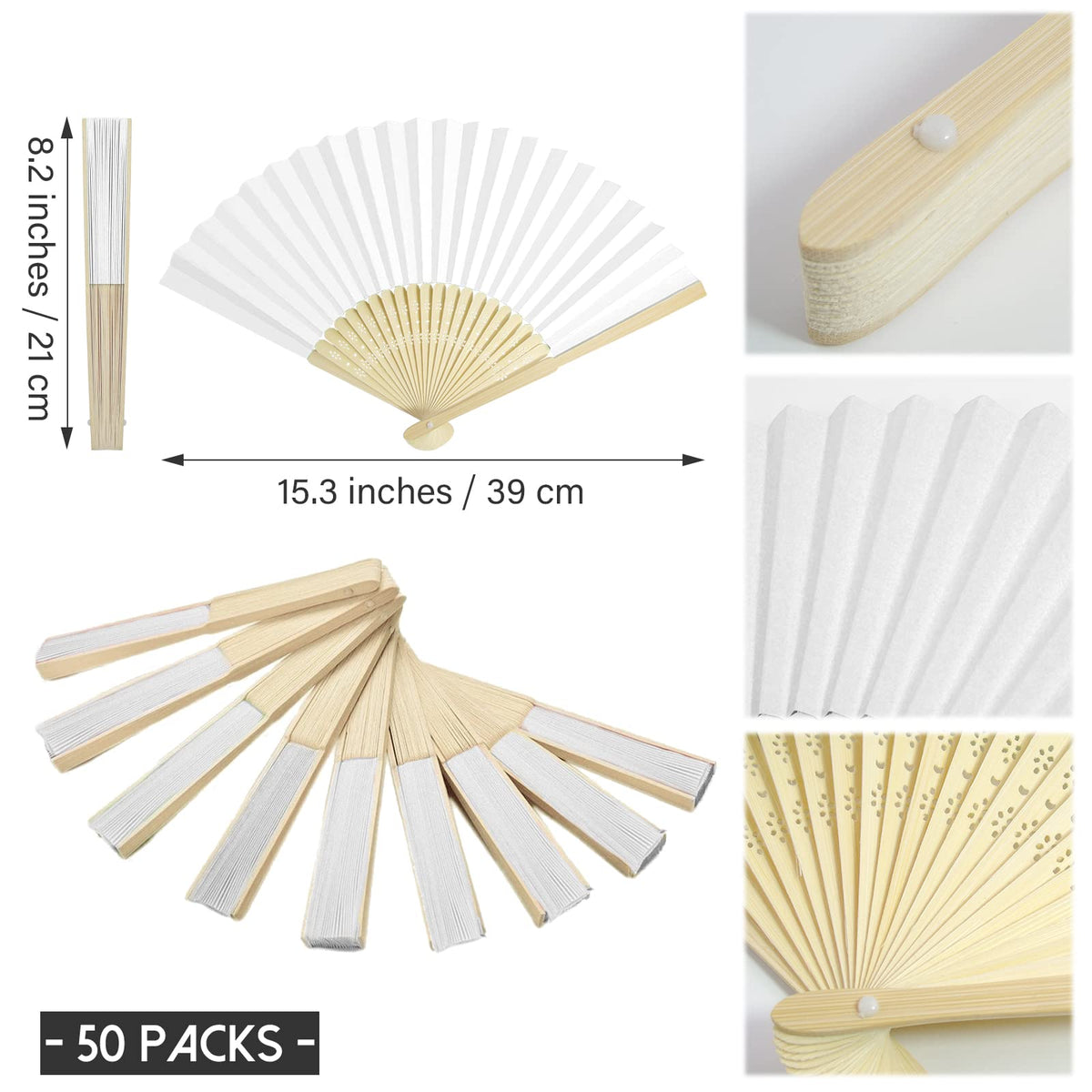 50 Packs White Paper Fans Paper Hand Fan Bamboo Folding Fan Handheld Fan Paper Folded Fan Paper Fan for Wedding Party and Home Decoration (White)