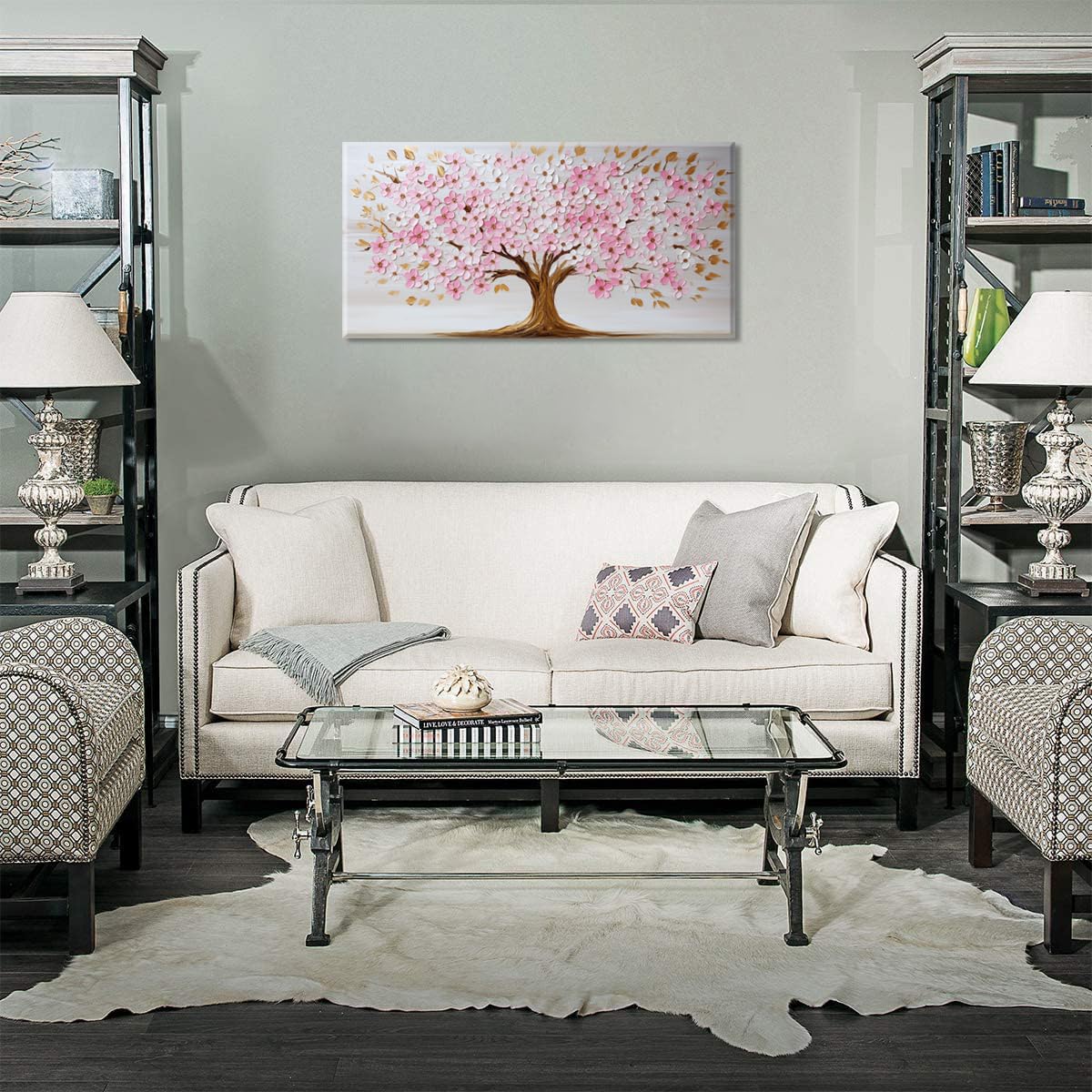 Pink and White Tree Petals Wall Art for Living Room Office Nature Art Deco Plant Scenic Painting Prints Modern Canvas Artwork Over the Couch Bedroom Decor Large (46L" x 23W" / Pink and White Tree Petals Wall Art (K869))