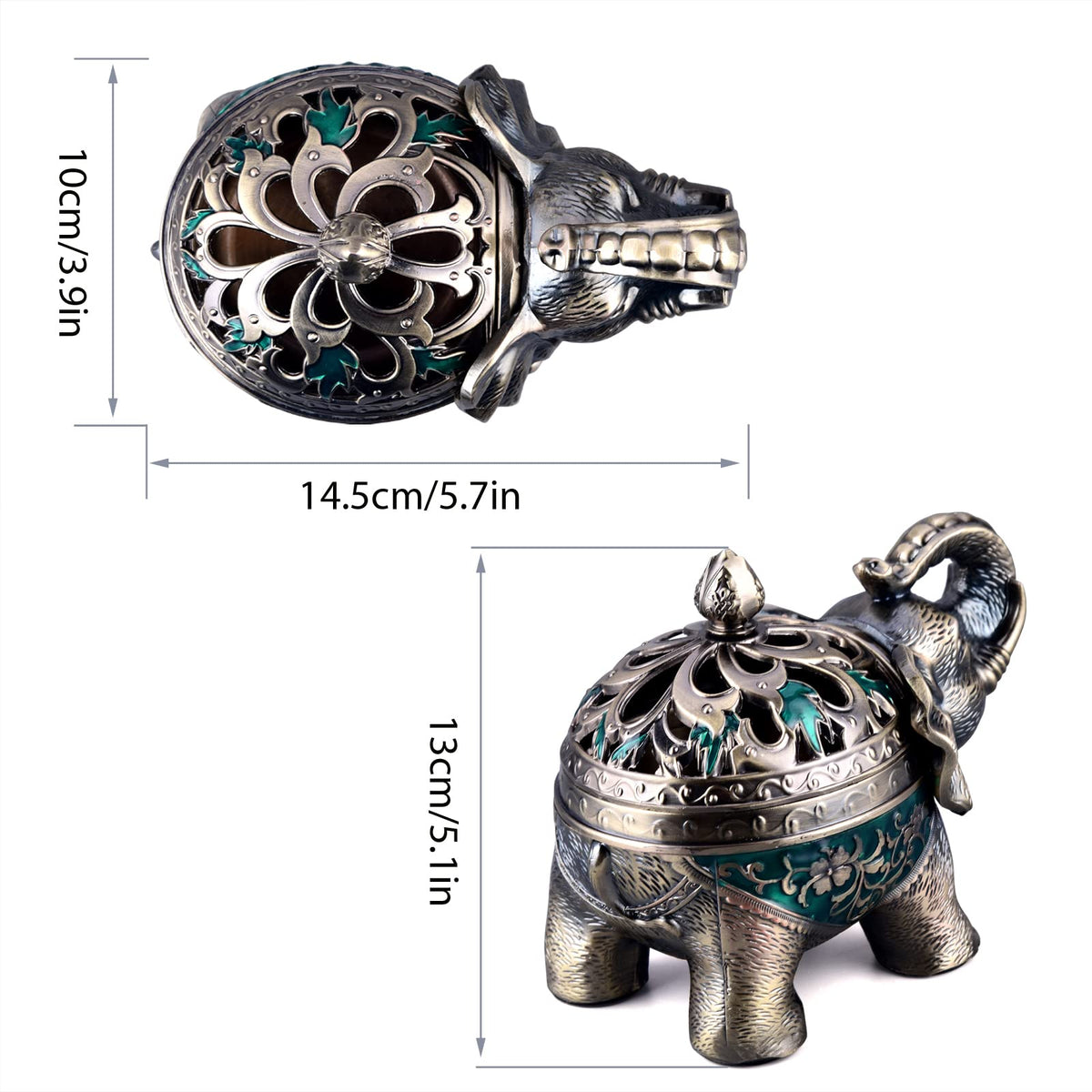 Metal Backflow Incense Holder Elephant Cone Incense Burner Candle Holder with Lid (Green)