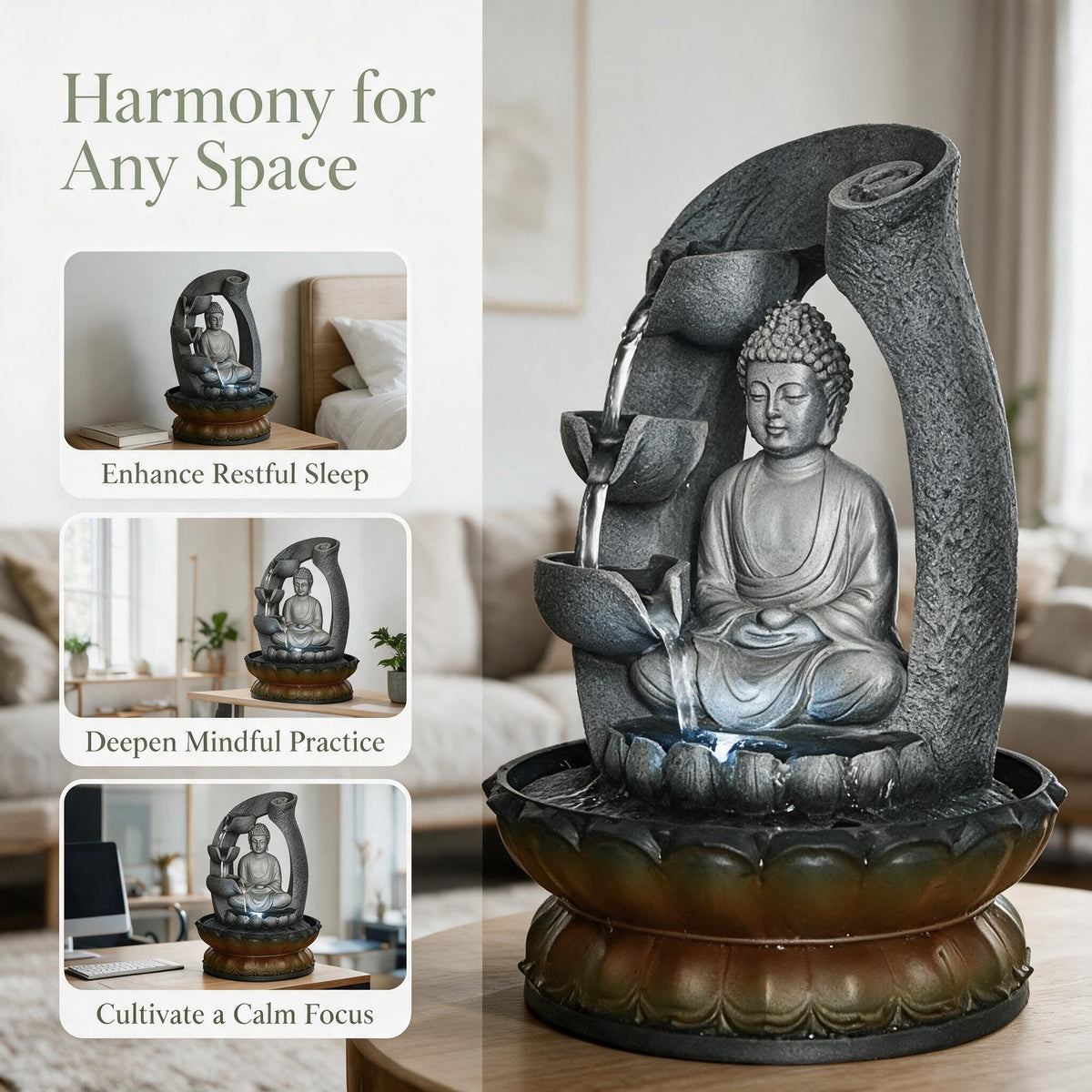 Buddha Tabletop Waterfall Fountain Meditation Relaxing Indoor Decoration (Grey 2)