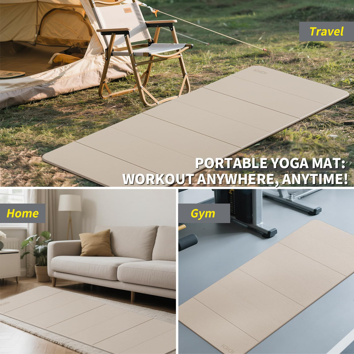 Foldable Yoga Mat Extra Large Wide 74"×31.5" (Beige+Black)