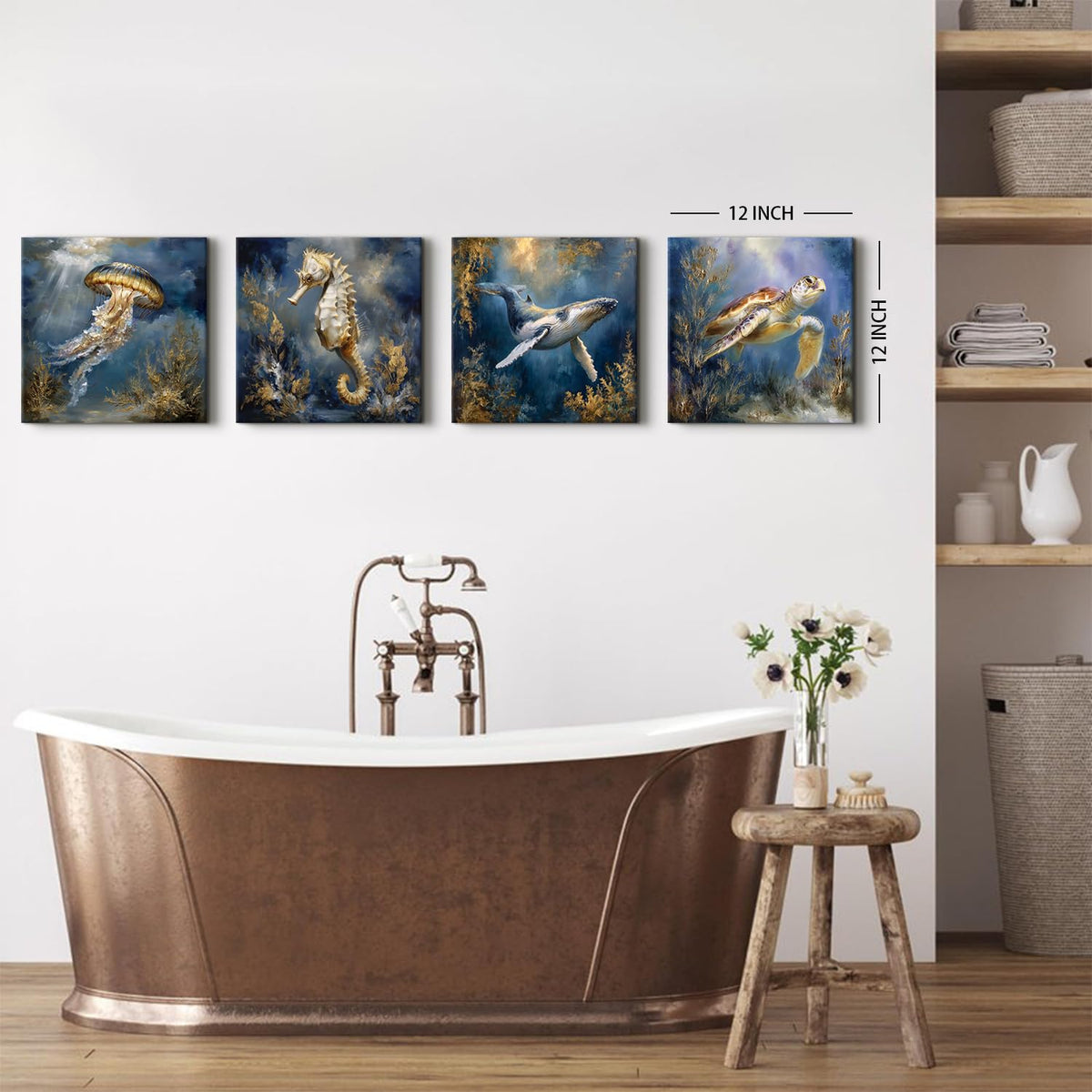 Ocean Animals Wall Art Sea Turtle Whale Seahorse Jellyfish Pictures Beach Coastal Room Decor Nautical Paintings Canvas Prints for Bathroom Under Sea World Posters Artwork Decoration 12x12” 4Pcs (12"L x 12"W / MarineLife)
